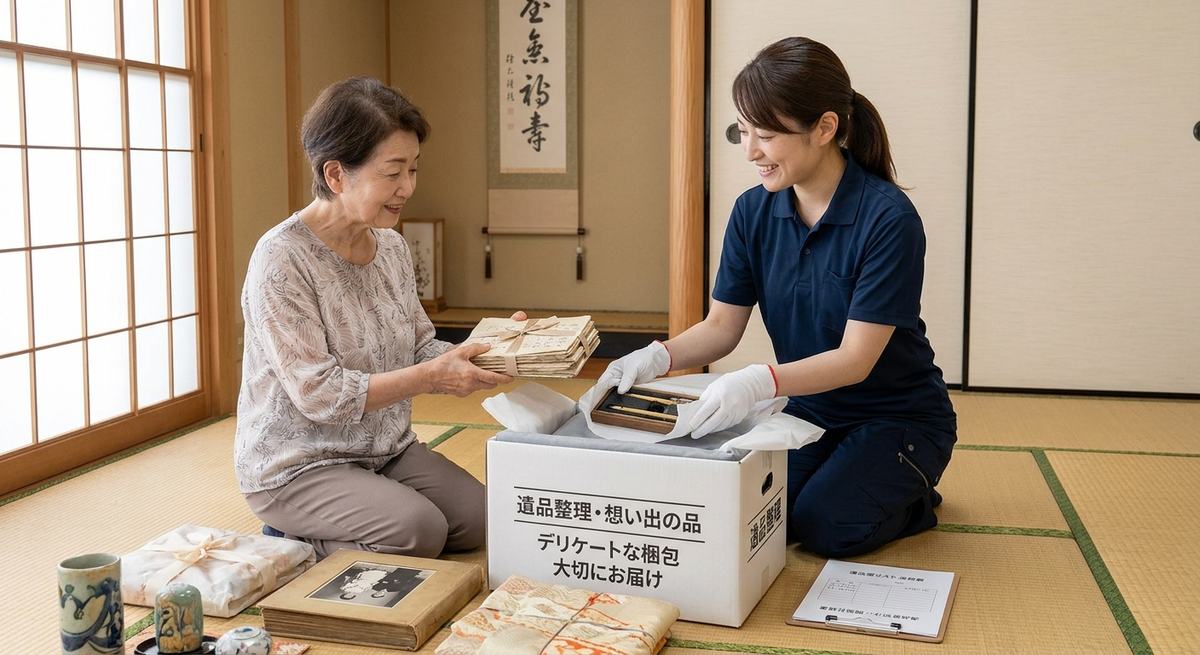 想い出の品を梱包する様子