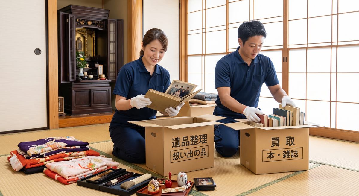 遺品整理で品物を仕分けするスタッフ